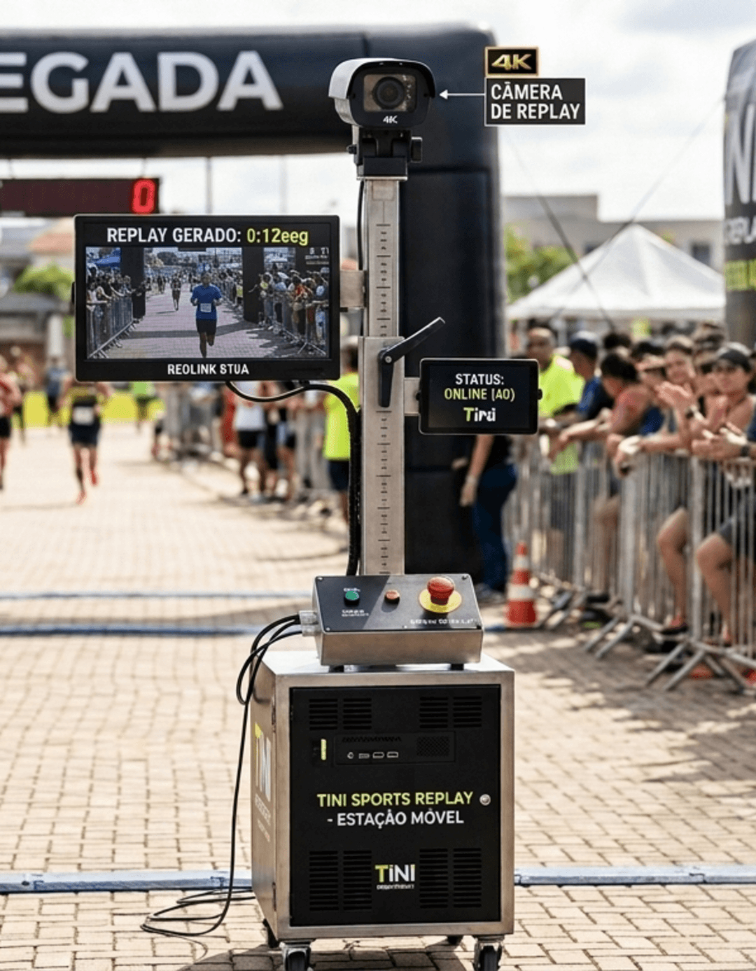 Estação móvel Tini Sports Replay com câmera 4K e tela exibindo replay gerado, pronta pra uso em corrida de rua